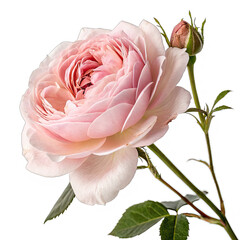 Rosa damascena displays delicate layers of soft pink petals along with a budding rose embodying elegance and natural charm against a transparent backdrop