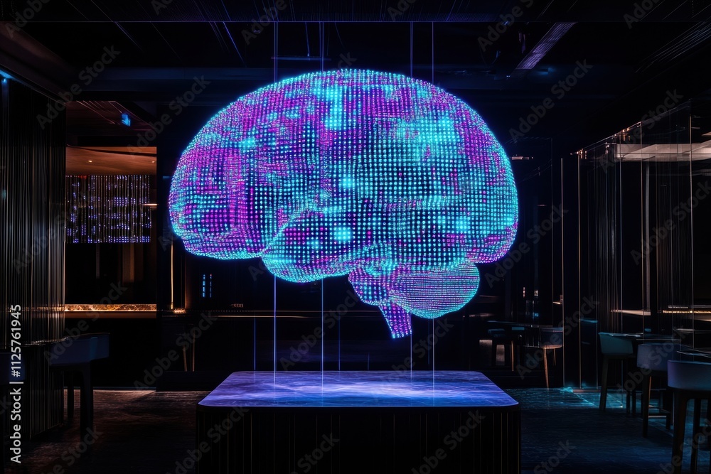 Poster a glowing brain made of vibrant blue and purple digital grids floats in a sleek, contemporary enviro