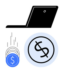 Black laptop with camera hole, blue coins with dollar symbols falling, large black dollar sign in blue circle. Ideal for e-commerce, online business, financial planning, digital banking, investment