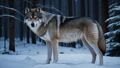 Fototapeta premium A gray wolf with glowing red eyes stands in a snowy winter forest at night. Majestic and wild.