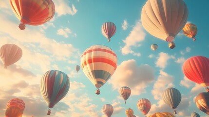 Obraz premium Colorful hot air balloons float in a sunny sky.