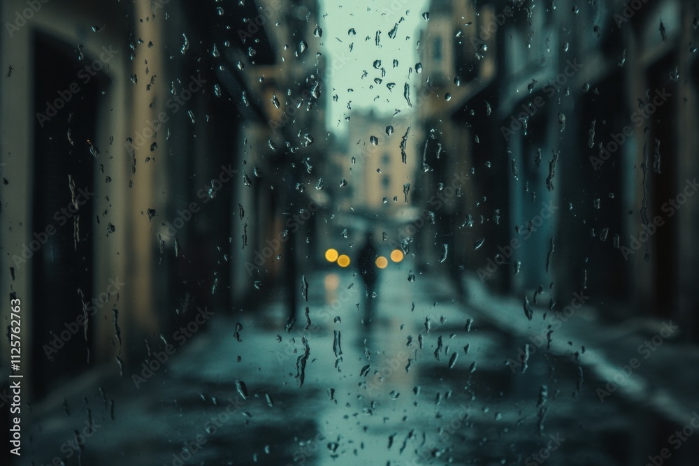 Aufkleber raindrops cling to a window, obscuring an empty street scene softly illuminated by streetlights in a