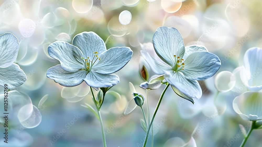 Poster Delicate white flowers with soft bokeh background, abstract nature scene. Serenity and tranquility concept