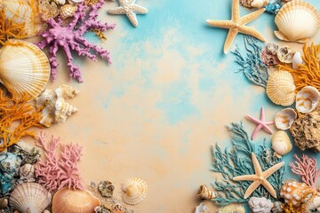Obraz premium A vibrant arrangement of seashells and coral on a sandy beach background.