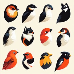 Naklejka premium A collection of stylized bird illustrations in various colors and shapes.