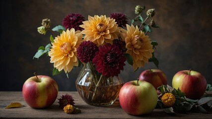 Autumn floral arrangement with dahlia and apples