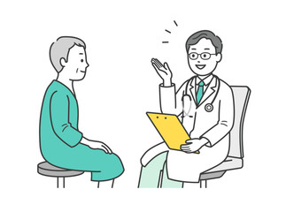 人間ドッグを受ける高齢男性と男性医師の上半身イラスト