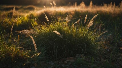 Autumn grass bathed in warm sunlight glow