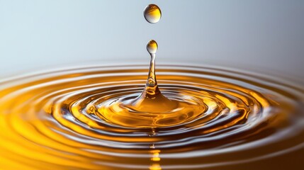 A close-up of a golden droplet creating ripples in a liquid surface, showcasing the beauty of fluid dynamics and light interaction.