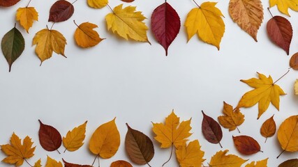 Autumn leaves arranged on blank white background