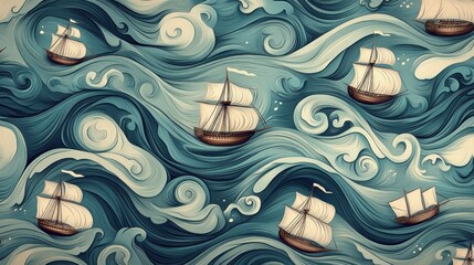 Seamless pattern of vintage sailing ships on stylized ocean waves.