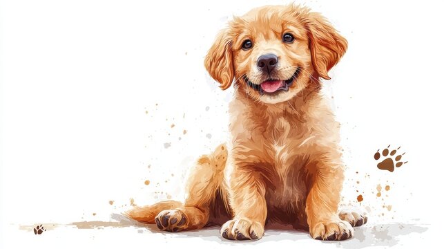 A cute golden retriever puppy sitting happily, showcasing its playful nature.