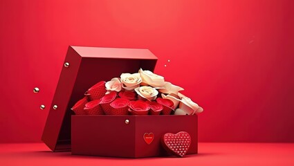 valentines day, Christmas day Red gift box with red ribbon and bow With Red Background