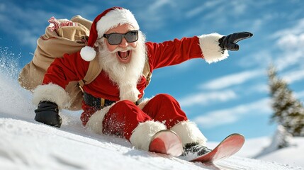 Santa Claus Skiing Down a Snowy Hill