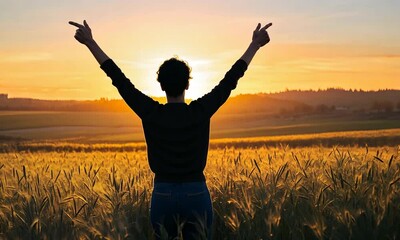 A person stands in a field at sunset, arms outstretched, embracing the golden light and nature's beauty. The scene evokes feelings of freedom and connection to the environment.