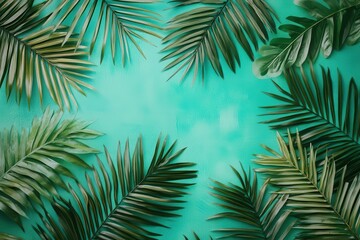 A vibrant arrangement of tropical leaves on a teal background, ideal for summer themes.