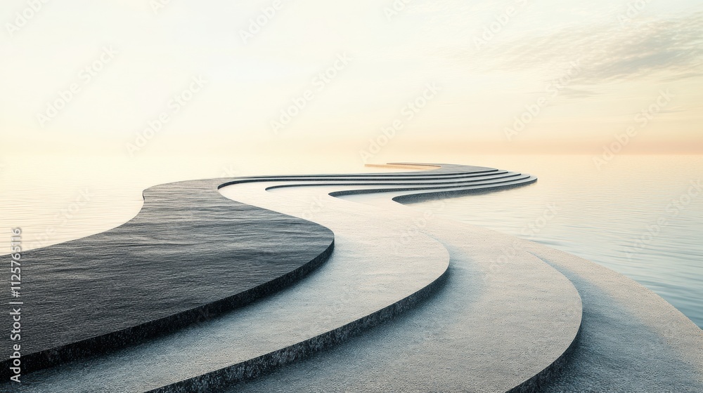 Poster a curved running track leads into the distance, bordered by calm waters and under a clear sky, perfe