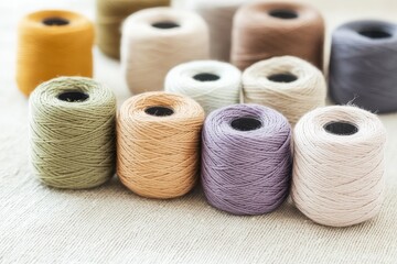 A Colorful Arrangement of Spools of Yarn on a Soft Textile Background, Showcasing Unique Texture and Harmony in Soft Pastel Tones for Creative Uses