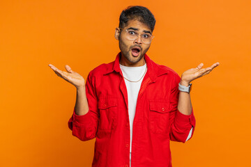 What. Why. Angry Indian man raising hands in indignant expression, asking reason of failure,...