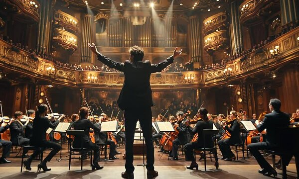 Orchestra conductor leading a symphony in a grand concert hall.