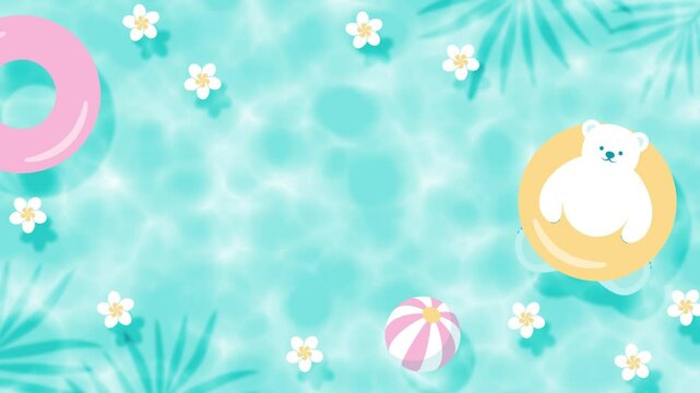 Animated summer background with a polar bear and flowers floating in water