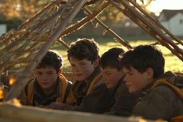 A group of four boys engaged in teamwork while building a shelter in a natural outdoor setting, showcasing creativity and friendship in a playful environment.