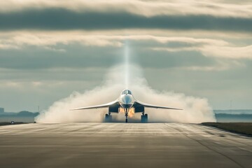 Supersonic Jet Taking Off with Dramatic Clouds and Afterburners