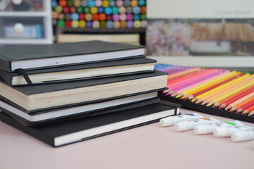 SURABAYA, INDONESIA  AUGUST 17, 2024 - Back to school concept with books, pencils and stationery.