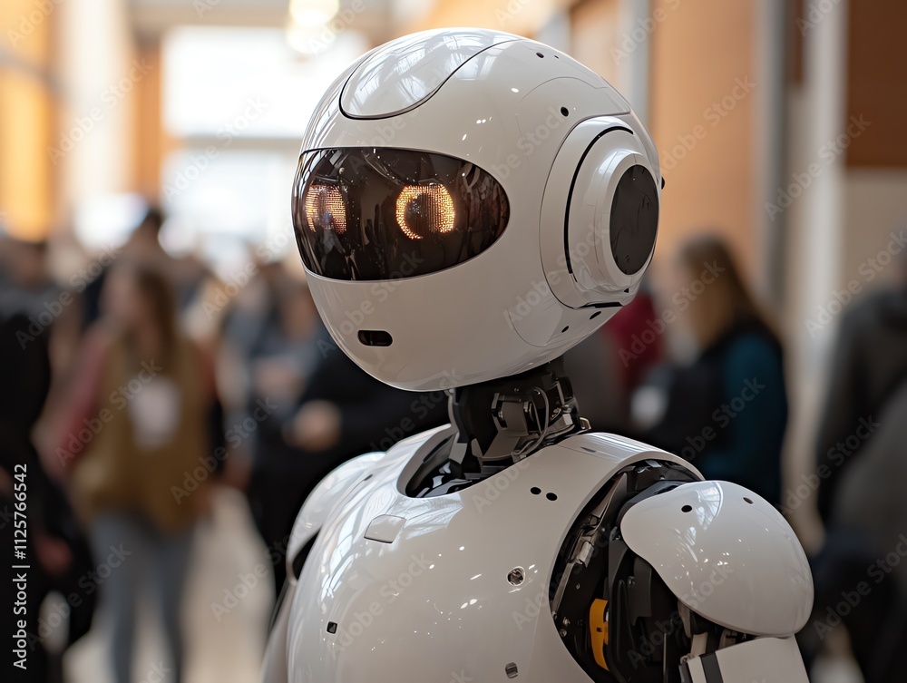 Poster A humanoid robot stands in a crowded space, showcasing advanced technology and design.
