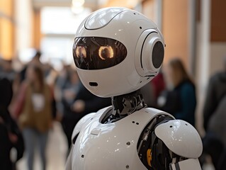 A humanoid robot stands in a crowded space, showcasing advanced technology and design.