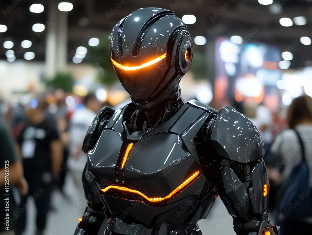 Poster a futuristic robot with glowing features in a crowded exhibition space.