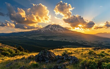 Fototapeta premium Scenic Mountain Landscape with Golden Sunset and Dramatic Clouds