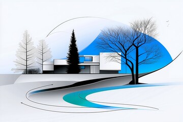 Bright, airy illustration of a contemporary house and trees, in black, white and blue 