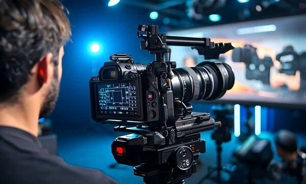 A photographer captures a scene using a professional camera on a tripod, focusing on the display screen while working in a studio setting with dynamic lighting.