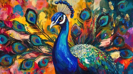 Fototapeta premium Vibrant peacock painting with colorful background.