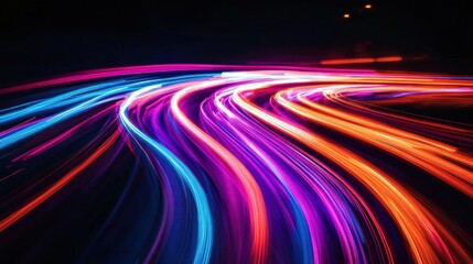 Vibrant Neon Light Trails in Pink, Blue, and Orange on Black Background