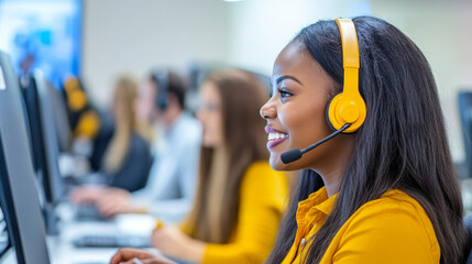 diverse team of call center employees working diligently, showcasing teamwork and professionalism. atmosphere is positive and collaborative, highlighting effective communication