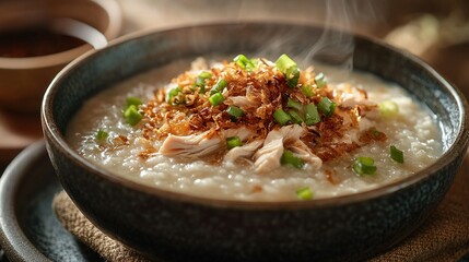 Warm chicken porridge served with shredded chicken, drizzled with soy sauce, and adorned with fried shallots and green onions.