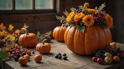 Festive autumn pumpkin bouquet with flowers and berries