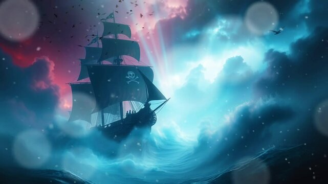 background animation, An old sailing ship with high masts that uses a sail and the power of the wind for movement floats on the sea with waves