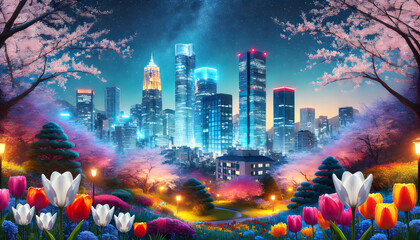 Obraz premium 春の夜景と桜の花園：都会と自然の調和