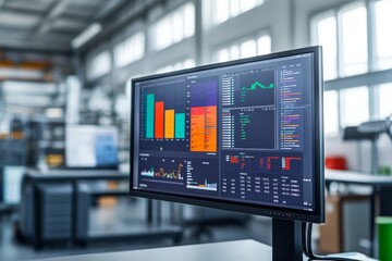 Advanced Data Analytics Dashboard Displaying Multiple Charts and Graphs for Business Performance Evaluation in Modern Industrial Workspace Environment