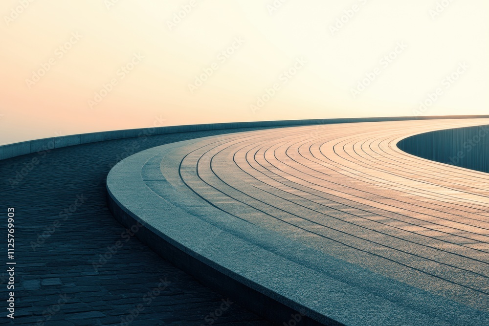 Fototapete a winding running track elegantly curves into the distance against a soft sunrise, providing a perfe