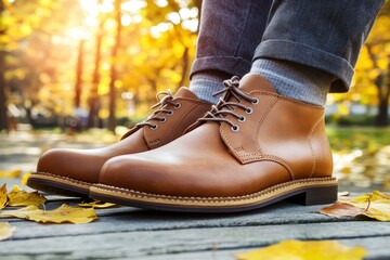 Stylish Brown Casual Shoes for Men on a Wooden Pathway Surrounded by Autumn Leaves and Golden Sunlight in a Peaceful Outdoor Setting