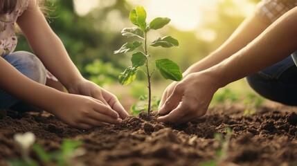 Fototapeta premium Hands planting a small sapling in rich soil, symbolizing care, growth, and environmental sustainability.