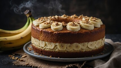 Freshly baked moist banana cake out of oven