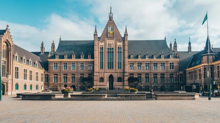 Fototapeta premium Courthouse building exterior with classical architecture, symbolizing justice and order in society. Timeless design reflecting the importance of legal systems and civic responsibility.