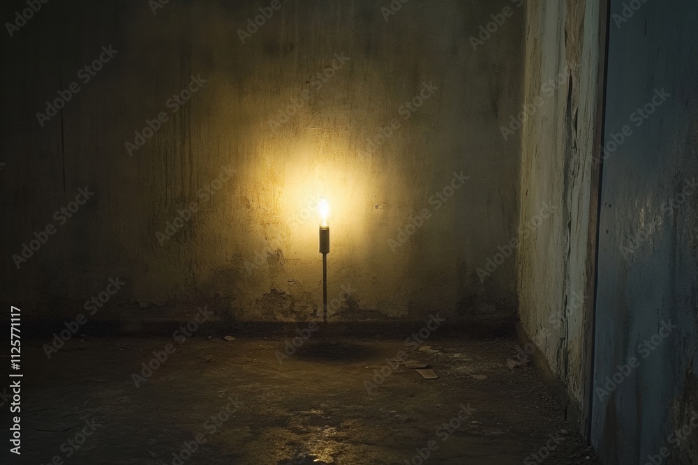 Aufkleber A small light source stands in a dark, empty room, casting shadows and evoking a feeling of abandonment while offering space for text. Generative AI
