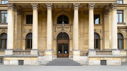 Fototapeta premium Courthouse building exterior with classical architecture, symbolizing justice and order in society. Timeless design reflecting the importance of legal systems and civic responsibility.