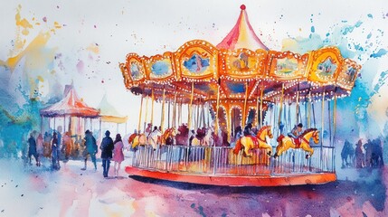 Watercolor painting: carousel, people, park, joyful, vibrant.